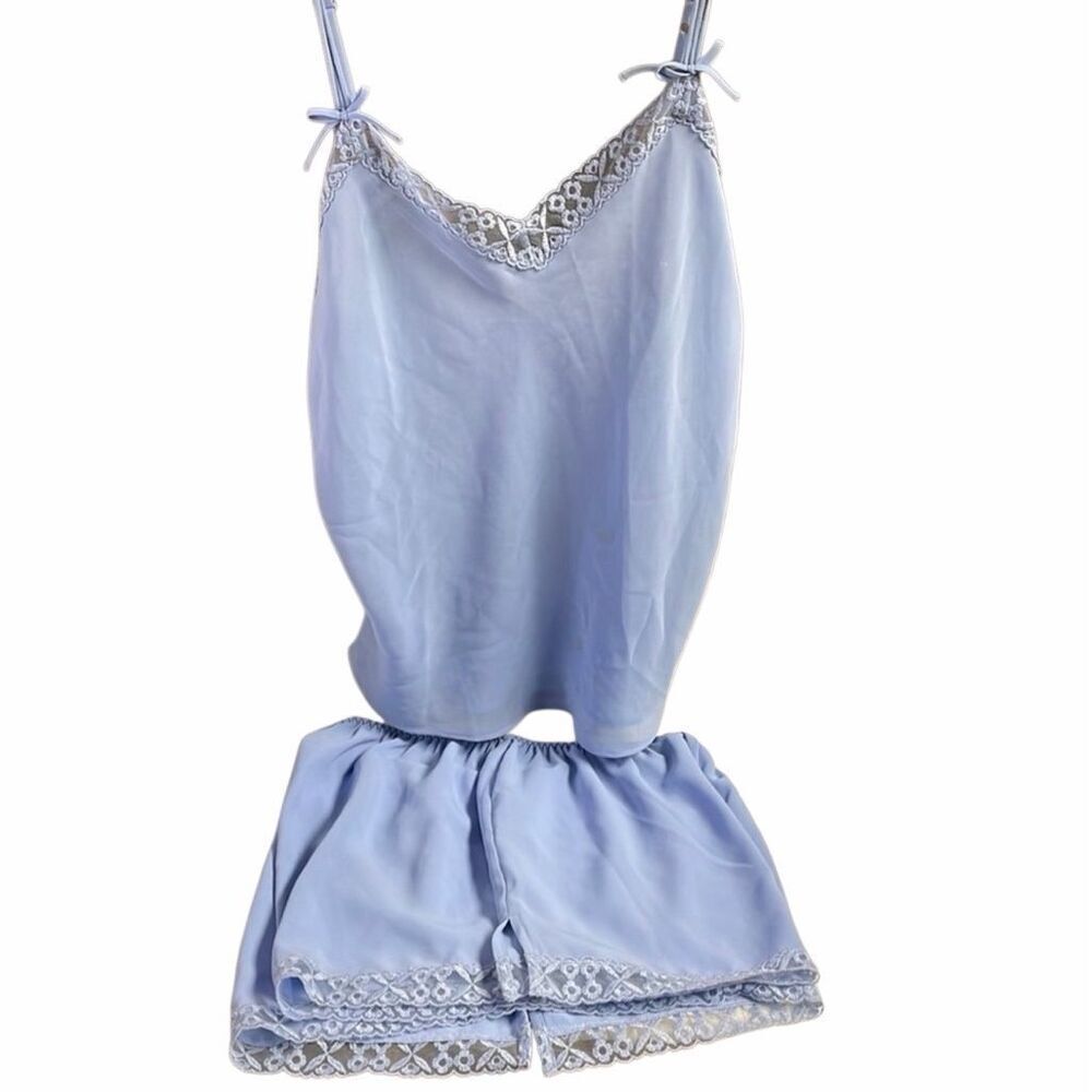 Cabernet Sleepwear Set Medium Blue Lace Cami Shorts Coquette Romantic